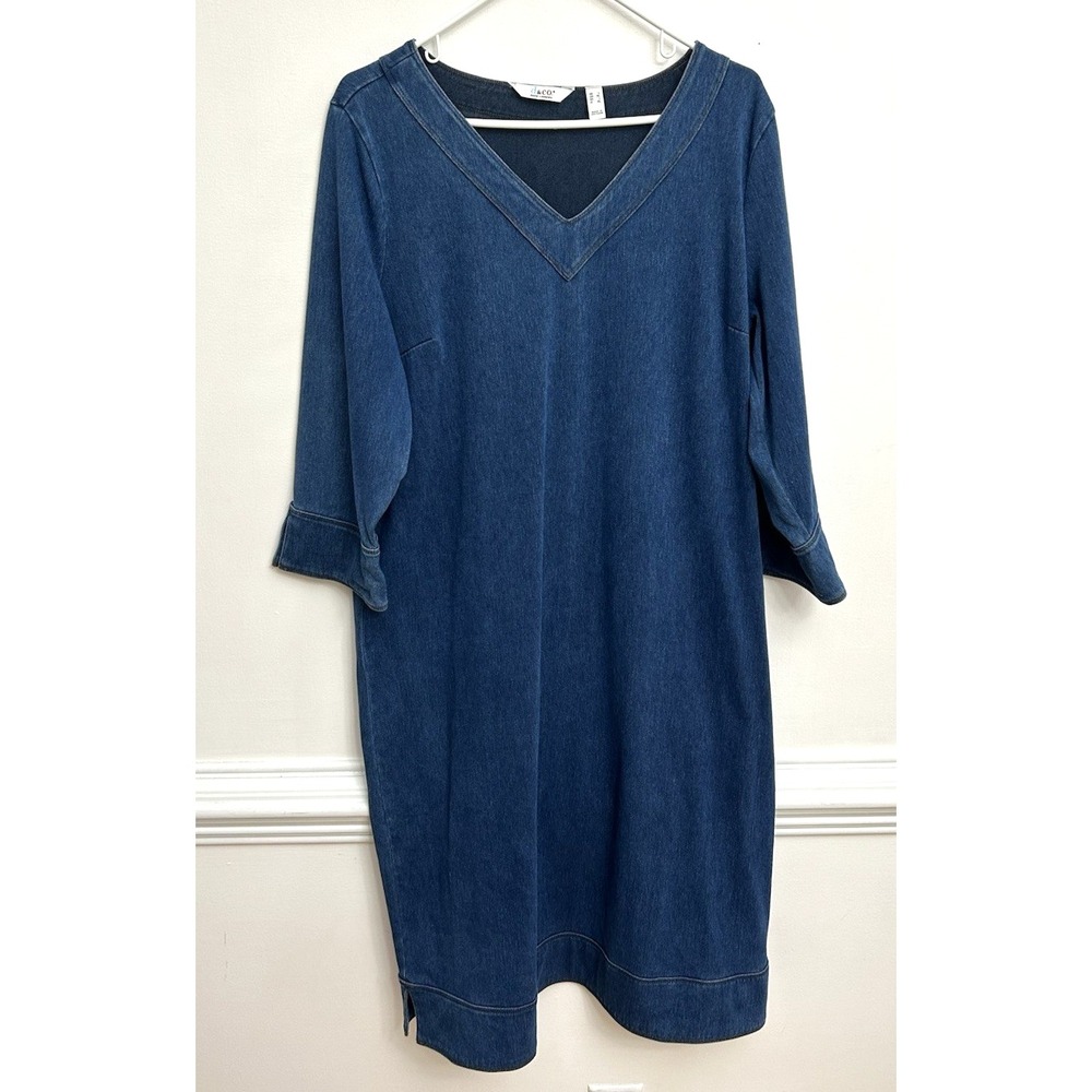 Denim & Co Denim Dress Sz L Blue 3/4 Sleeve Preppy Classic Comfy Travel